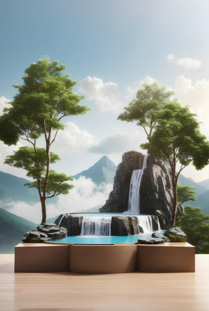 A modern podium for product presentation with mountain and waterfall background.の素材