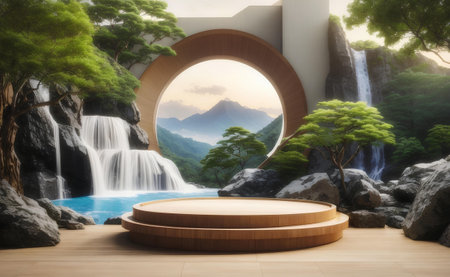 A modern podium for product presentation with mountain and waterfall background.の素材