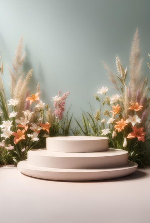 A modern podium with blooming lilies background.の素材