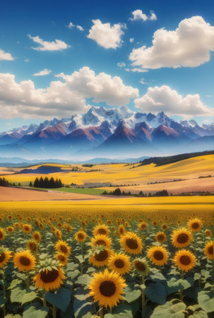 A blooming sunflowers field with beautiful nature background.の素材