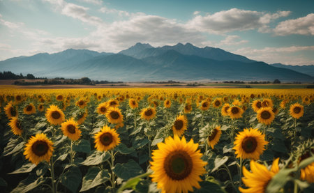 A blooming sunflowers field with beautiful nature background.の素材