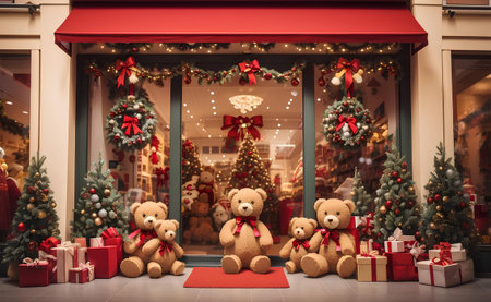 A teddy bears sitting in front of the shop with Christmas decoration.の素材
