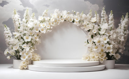 A modern podium with white blooming flowers background.の素材