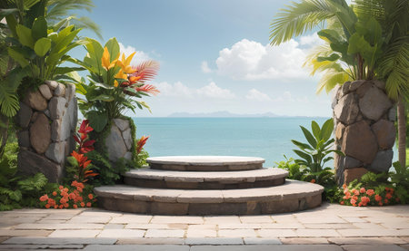 A stone podium with tropical plants and flowers nature background.の素材