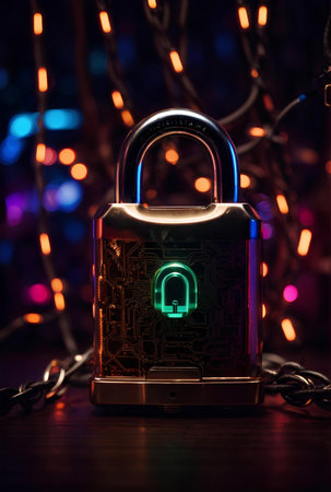 Security and cyber security firewall for technology background.の素材