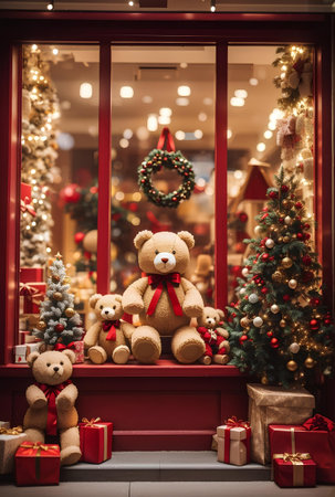 A teddy bears sitting in front of the shop with Christmas decoration.の素材