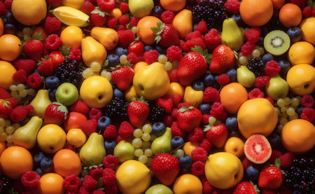 A lot of fruits with vivid color background.の素材