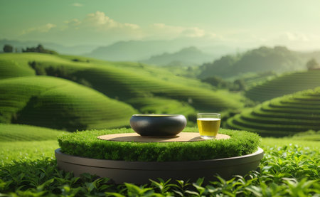 A modern podium with green tea field background.の素材