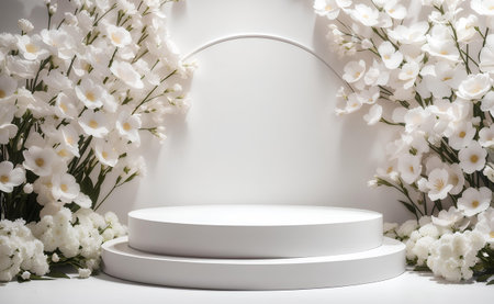 A modern podium with white blooming flowers background.の素材