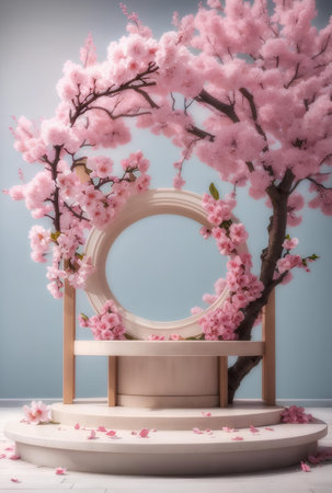 A modern podium with blooming cherry blossom background.の素材