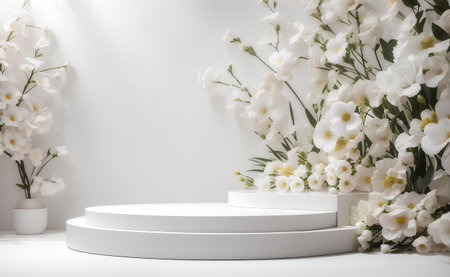 A modern podium with white blooming flowers background.の素材