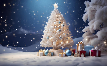 A beautiful Christmas tree with stars balls gifts and white snow.の素材