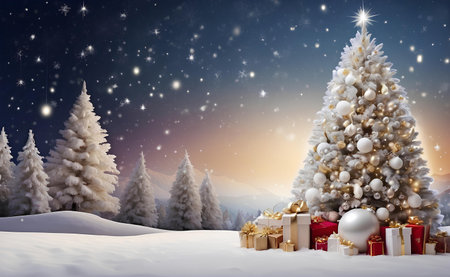 A beautiful Christmas tree with stars balls gifts and white snow.の素材