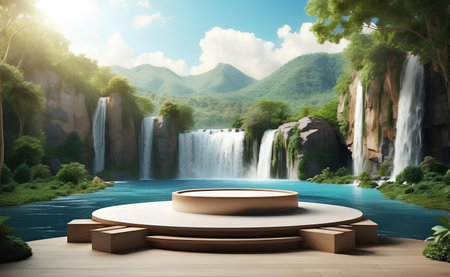 A modern podium for product presentation with mountain and waterfall background.の素材