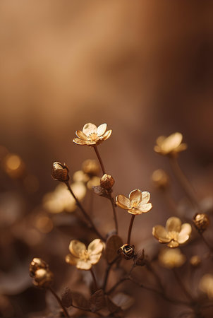 Creamy gold flowers with blurred brown background.の素材