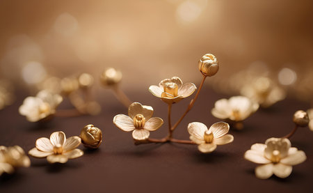 Creamy gold flowers with blurred brown background.の素材