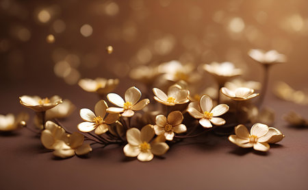 Creamy gold flowers with blurred brown background.の素材