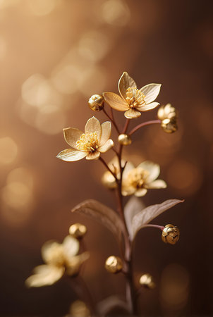 Creamy gold flowers with blurred brown background.の素材