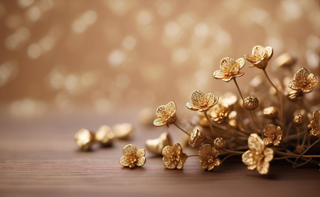 Creamy gold flowers with blurred brown background.の素材