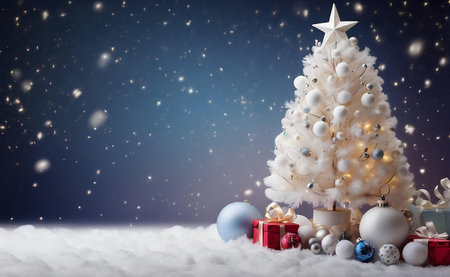 A beautiful Christmas tree with stars balls gifts and white snow.の素材