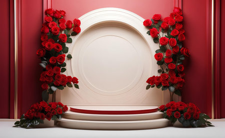 Modern podium with red rose background.の素材
