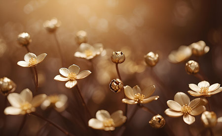 Creamy gold flowers with blurred brown background.の素材