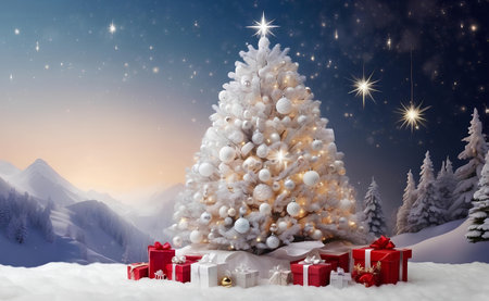 A beautiful Christmas tree with stars balls gifts and white snow.の素材
