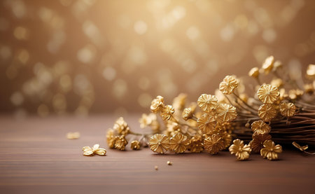 Creamy gold flowers with blurred brown background.の素材