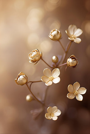Creamy gold flowers with blurred brown background.の素材