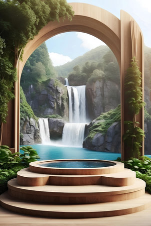 A modern podium for product presentation with mountain and waterfall background.の素材