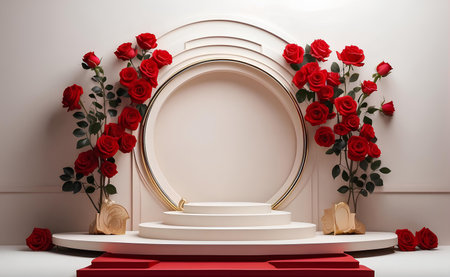 Modern podium with red rose background.の素材