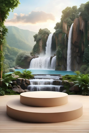A modern podium for product presentation with mountain and waterfall background.の素材