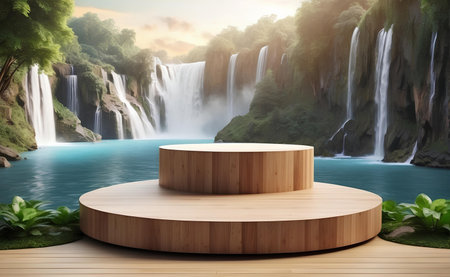 A modern podium for product presentation with mountain and waterfall background.の素材