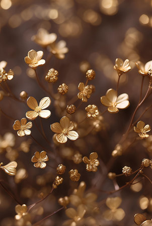 Creamy gold flowers with blurred brown background.の素材