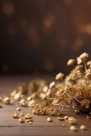 Creamy gold flowers with blurred brown background.の素材
