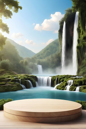 A modern podium for product presentation with mountain and waterfall background.の素材
