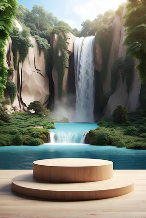 A modern podium for product presentation with mountain and waterfall background.の素材