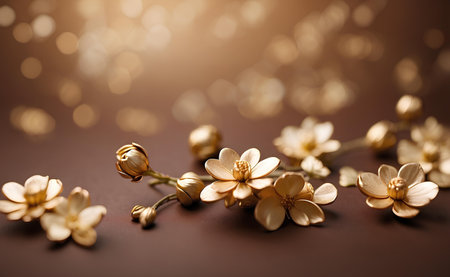 Creamy gold flowers with blurred brown background.の素材