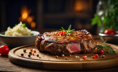 A fried meat steak on a wooden plate.の素材