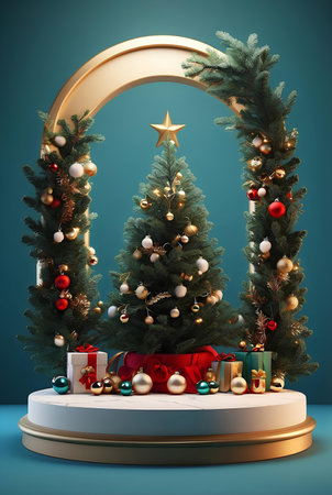 Merry Christmas product display podium with pine tree and decoration.の素材
