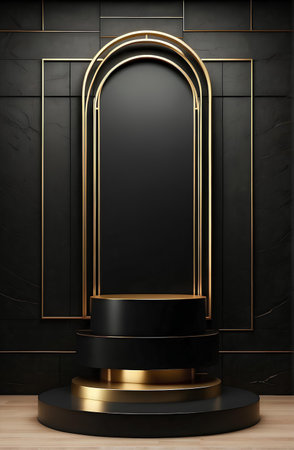 Modern black and gold podium for product display presentation.の素材