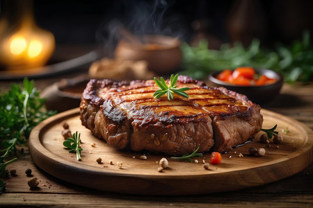 A fried meat steak on a wooden plate.の素材