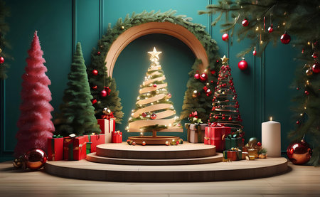 Merry Christmas product display podium with pine tree and decoration.の素材
