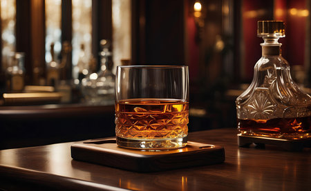 Glass of golden rum and cigar with luxury room background.の素材