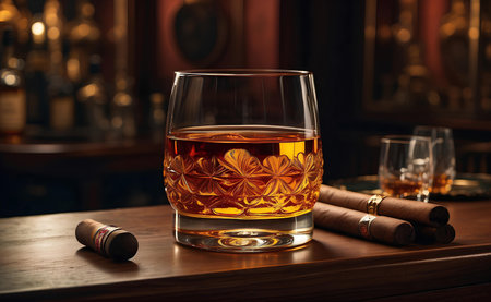 Glass of golden rum and cigar with luxury room background.の素材
