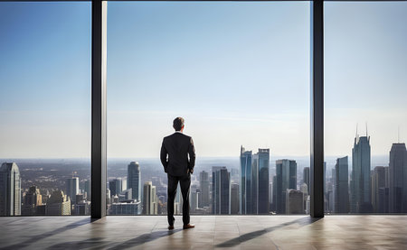 A businessman looking at city from the roof of a modern office building.の素材
