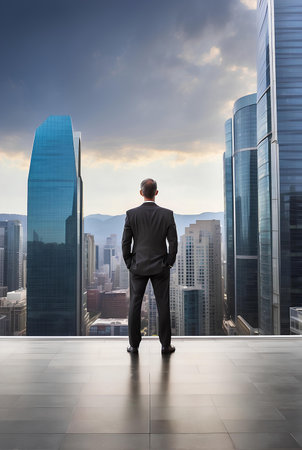 A businessman looking at city from the roof of a modern office building.の素材