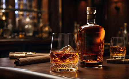Glass of golden rum and cigar with luxury room background.の素材