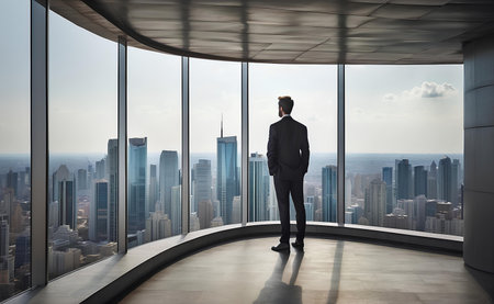 A businessman looking at city from the roof of a modern office building.の素材