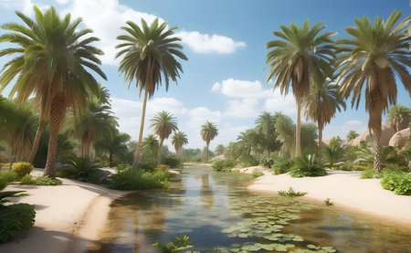 A beautiful oasis with tropical plants in desert.の素材